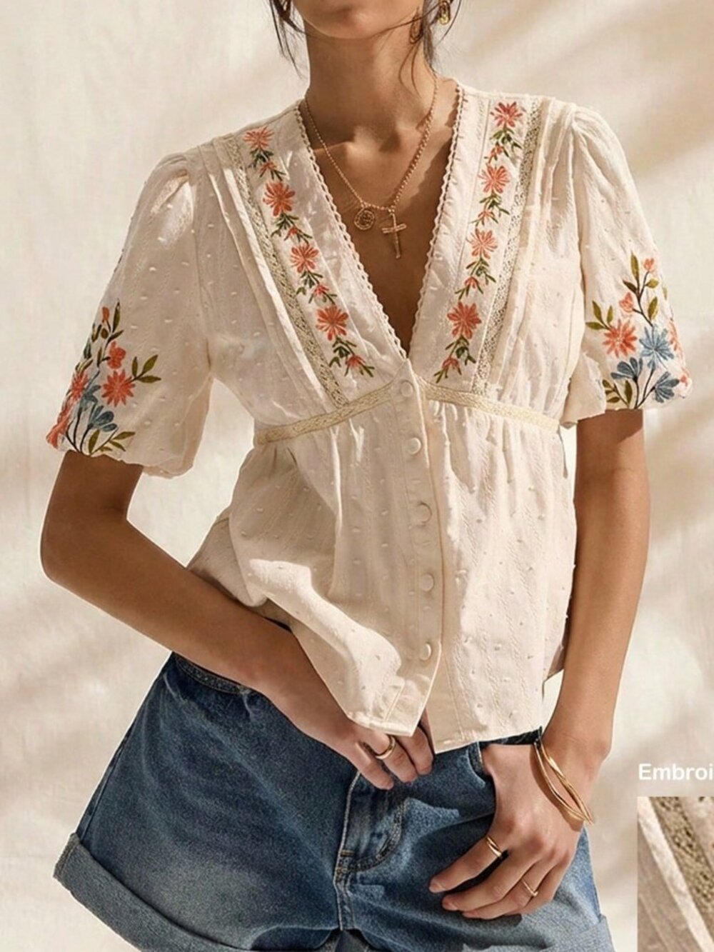 Beige Floral Embroidered Women's Short Sleeve Blouse